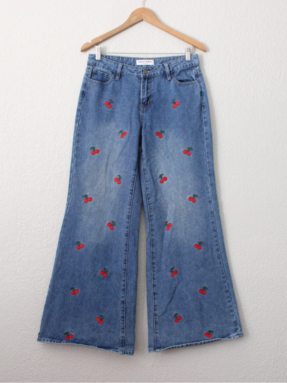 Ashley Mason Embroidered Cherry Wide Leg Jeans
